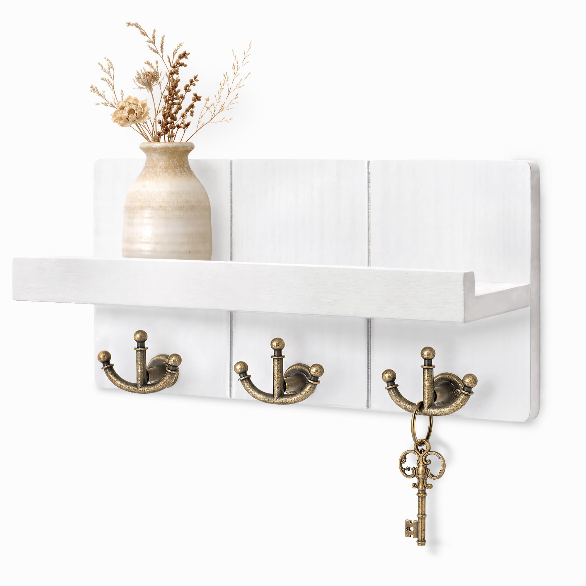 Rebee Vision Rustic White Key Holder with Shelf: Elegant Farmhouse Mail Organizer and 3 Anchor Key Hooks for Wall - Retro Key Hangers for Entryway Decor