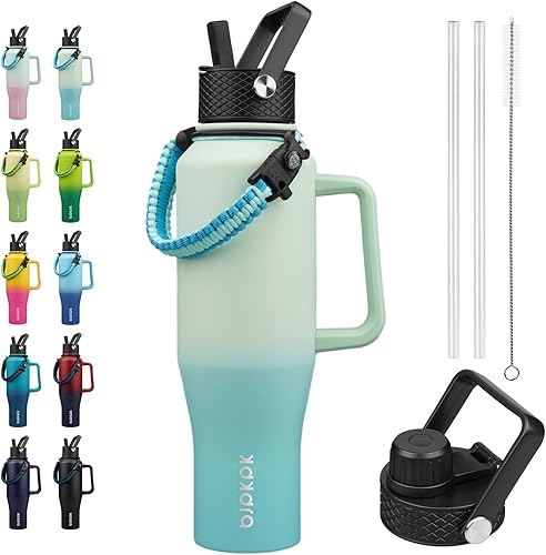 Miniatura 21 de BJPKPK Botellas de agua aisladas con tapa con pajita, botella de agua de metal de 23 onzas con 2 tapas y correa de paracord, vasos al vacío de acero
