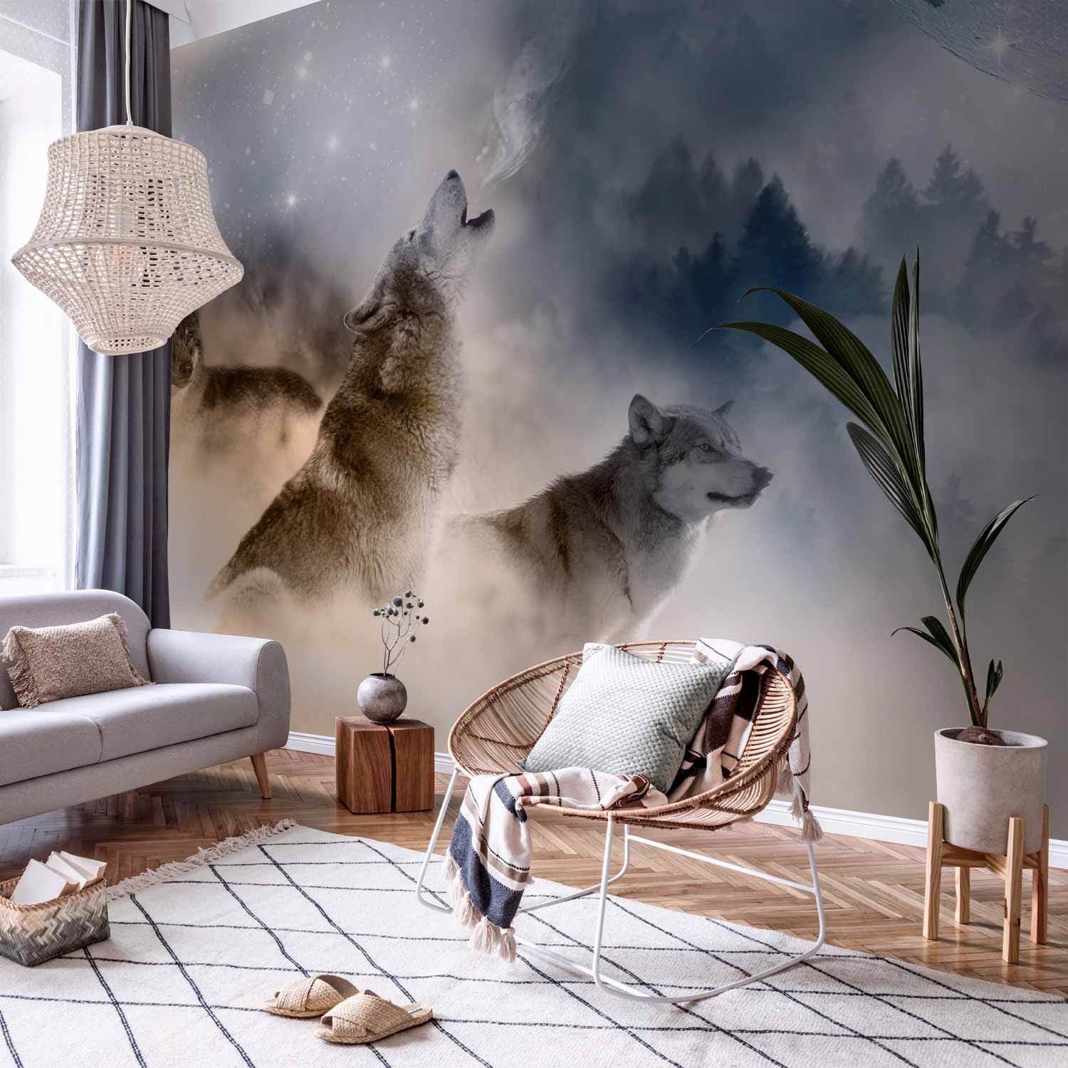 decomonkey - Impression sur Toile Loup Foret 100x40 5 Pièces - Tableau Décoration Appartement Cadre en Bois Déco Salon Peinture sur Toile Maison Des arbres photographie paysage forêt chiens loups