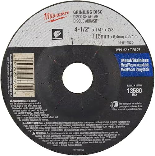 Milwaukee Paquete de 10 muelas abrasivas 4 1 2 para amoladoras - Rectificado agresivo para metal y acero inoxidable - 4-1/2 pulgadas x 1/4 x 7/8