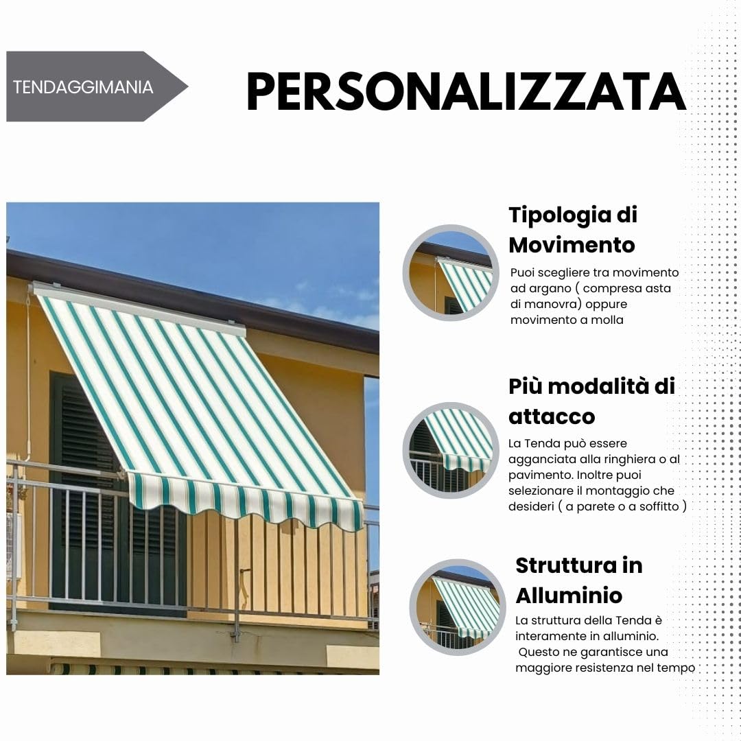 TENDAGGIMANIA Tenda da Sole a Caduta Verticale L.180cm x H.200cm | Tempotest, Caduta Verticale con Bracci, Kit Montaggio e Asta di Manovra, A Rullo per Esterno