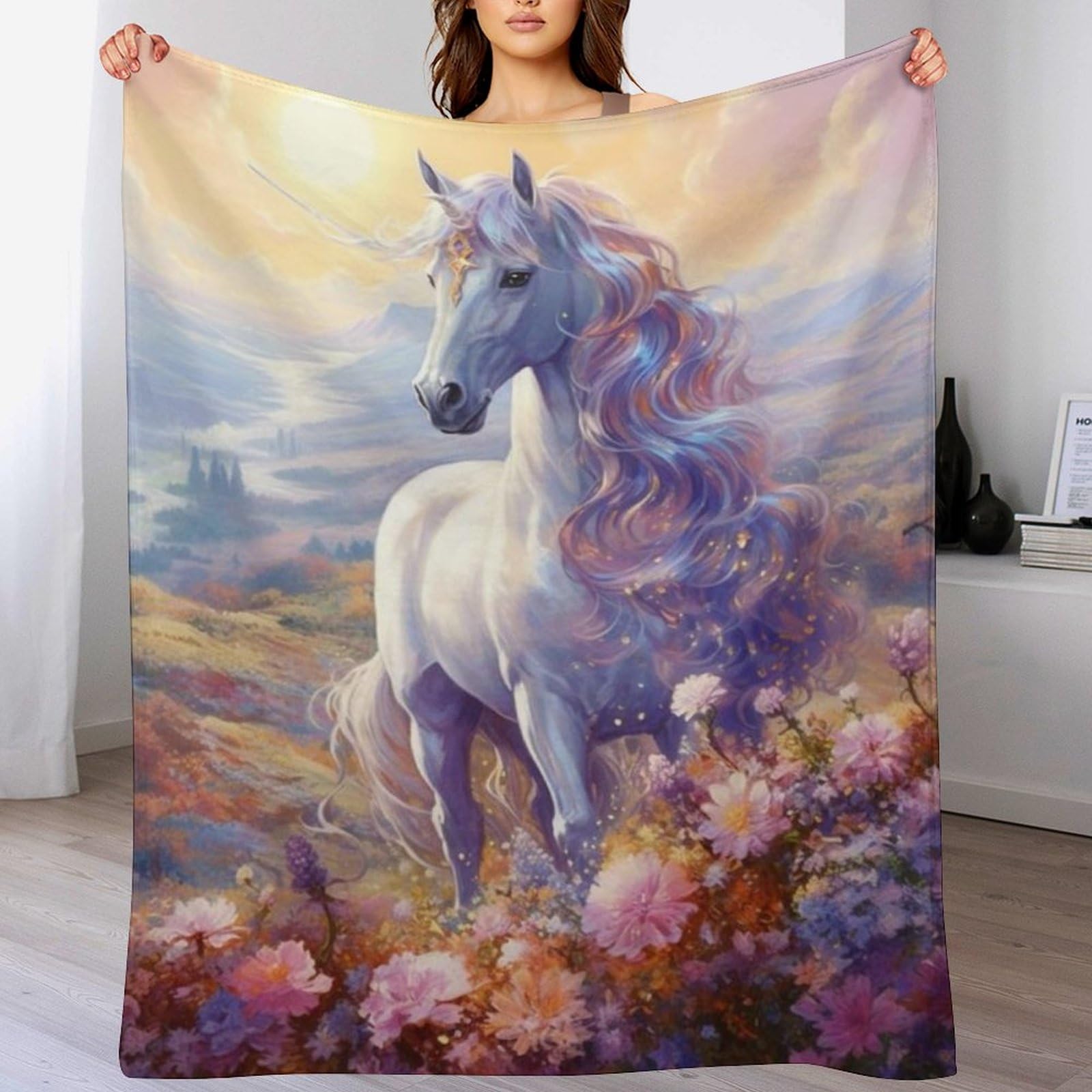 Plaid en flanelle super douce motif cheval couverture thermique 4 saisons