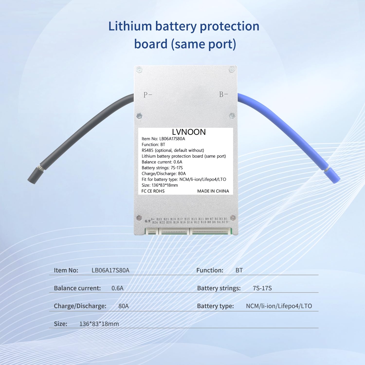 LVNOON LB06A Smart Active Balancer BMS Lithium Battery Protection Board for Li-ion NCM LFP LiFePo4 Battery Management System 7S to 24S 60A 80A 100A 120A 150A 24V to 84V with APP Control (7-17S, 80A)
