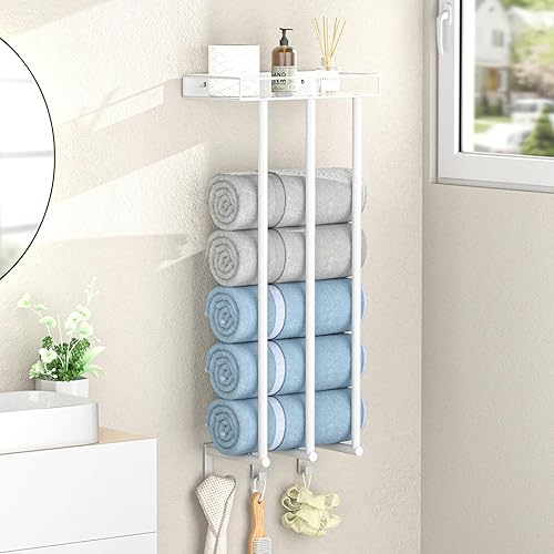 Miniatura 2 de Ovicar Toalleros para baño  Almacenamiento de toallas enrolladas montadas en la pared con estante de metal y 3 ganchos, 3 barras de pared para baño
