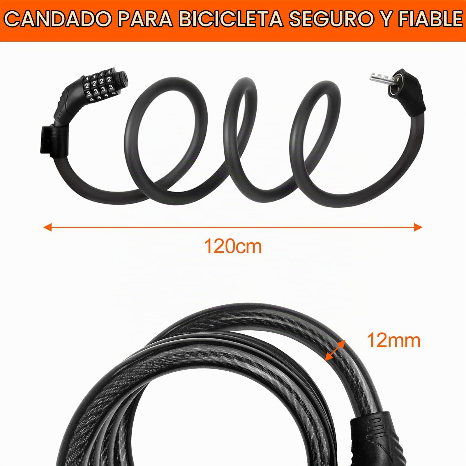 Lectorias 120CM Candado Bicicleta, Candados con Combinacion de 5 Dígitos | Cadena Bicicleta Antirrobo, Cable de Bloqueo, Cerradura de Cable, Cadenas Antirrobo Moto, Cerraduras