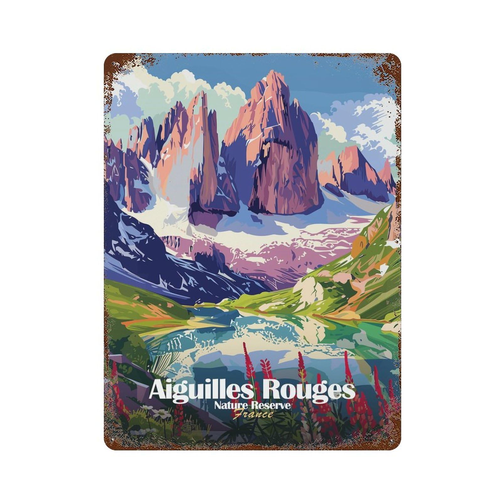 Vintage Metal Tin Sign with Aiguilles Rouges Nature Reserve France Design 15.7"x11.8", for Garage, Bar And Workshop Decor, Novelty Wall Decor