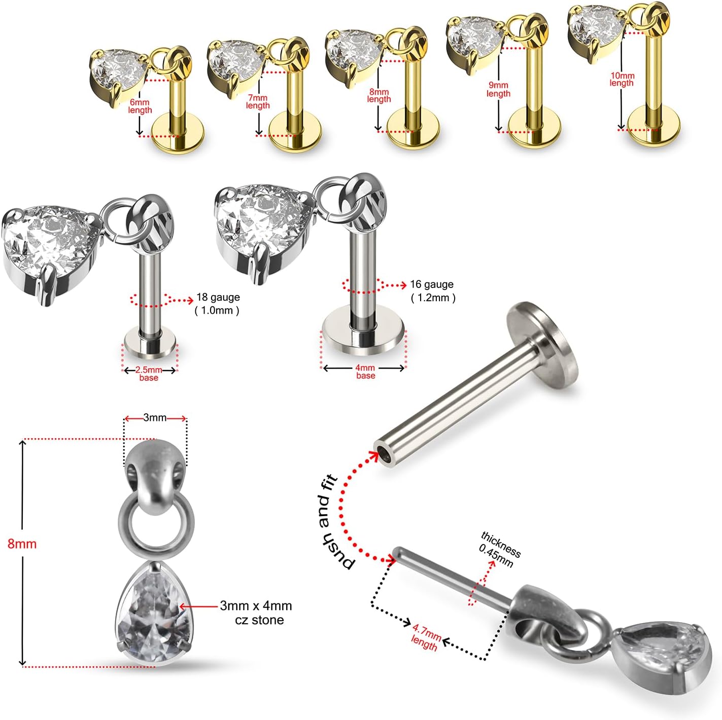 G23 Grade Titanium Claw Set Teardrop Cz Stone Dangling Design Push Fit Top 18G, 16G - 6mm, 7mm, 8mm, 9mm, 10mm Lip Labret - Tragus Bar Piercing - Labret Stud Helix - Tragus Piercing Jewelry