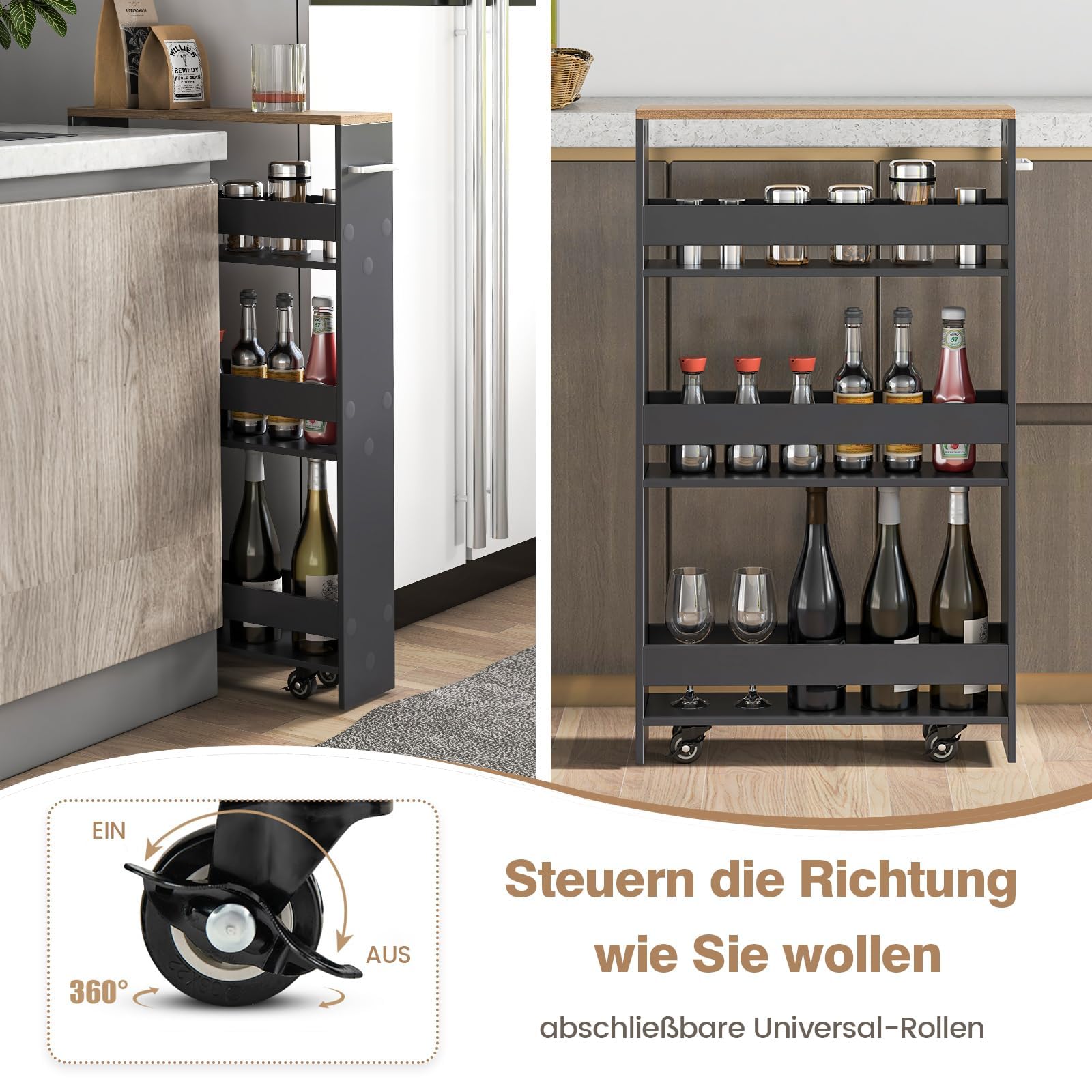 FANTASK Küchenwagen schmal auf Rollen, Nischenregal 13cm breit, 4 Etagen Servierwagen, Nischenwagen mit Griff & Geländern, Badregal Holz für Küche & Badezimmer, 47,5x13x80,5cm (Grau+Natur)
