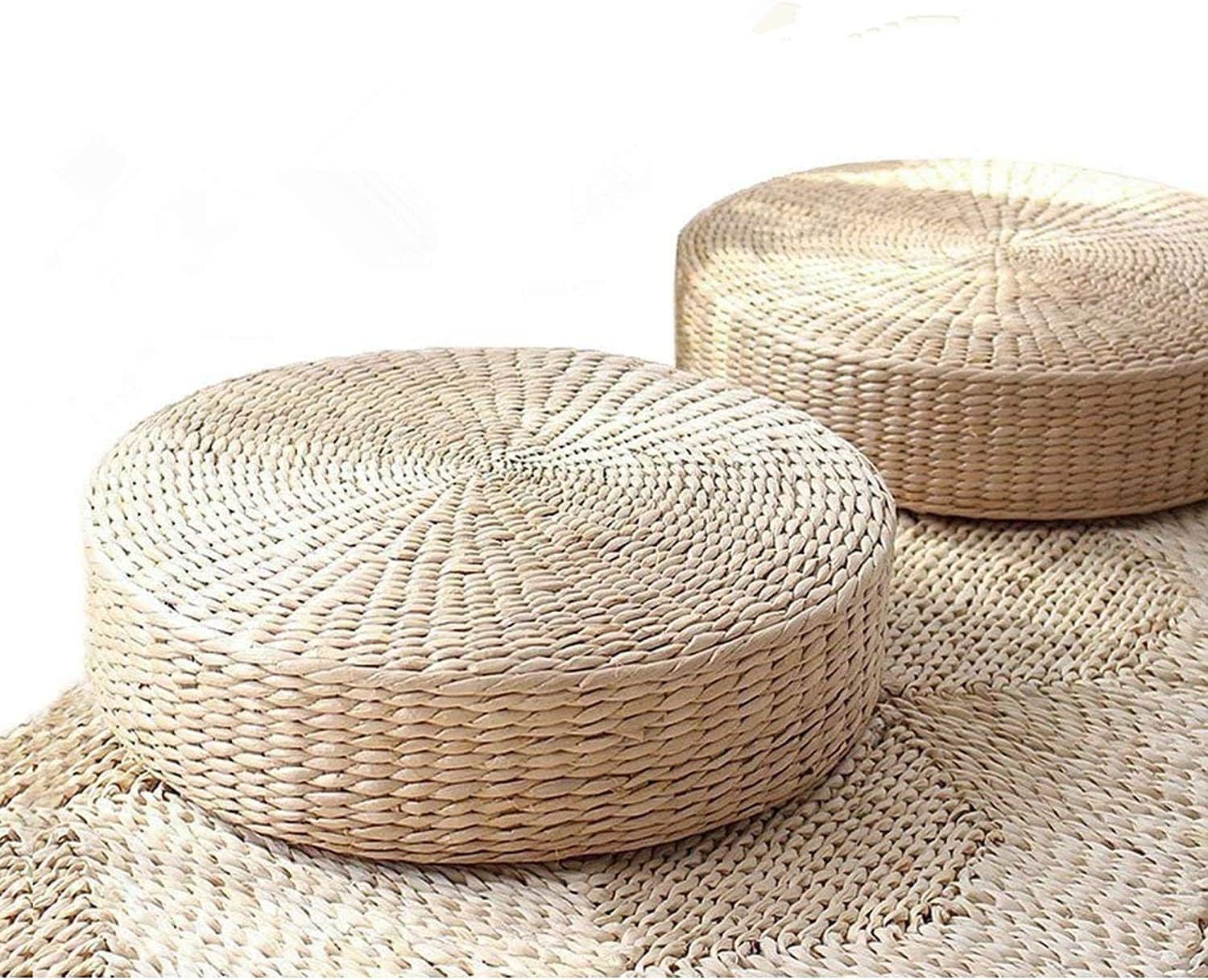 HUAWELL Tatami Floor Pillow Sitting Cushion,Round Padded Room Floor Straw Mat for Outdoor Seat(2 Pack Bigger Size)
