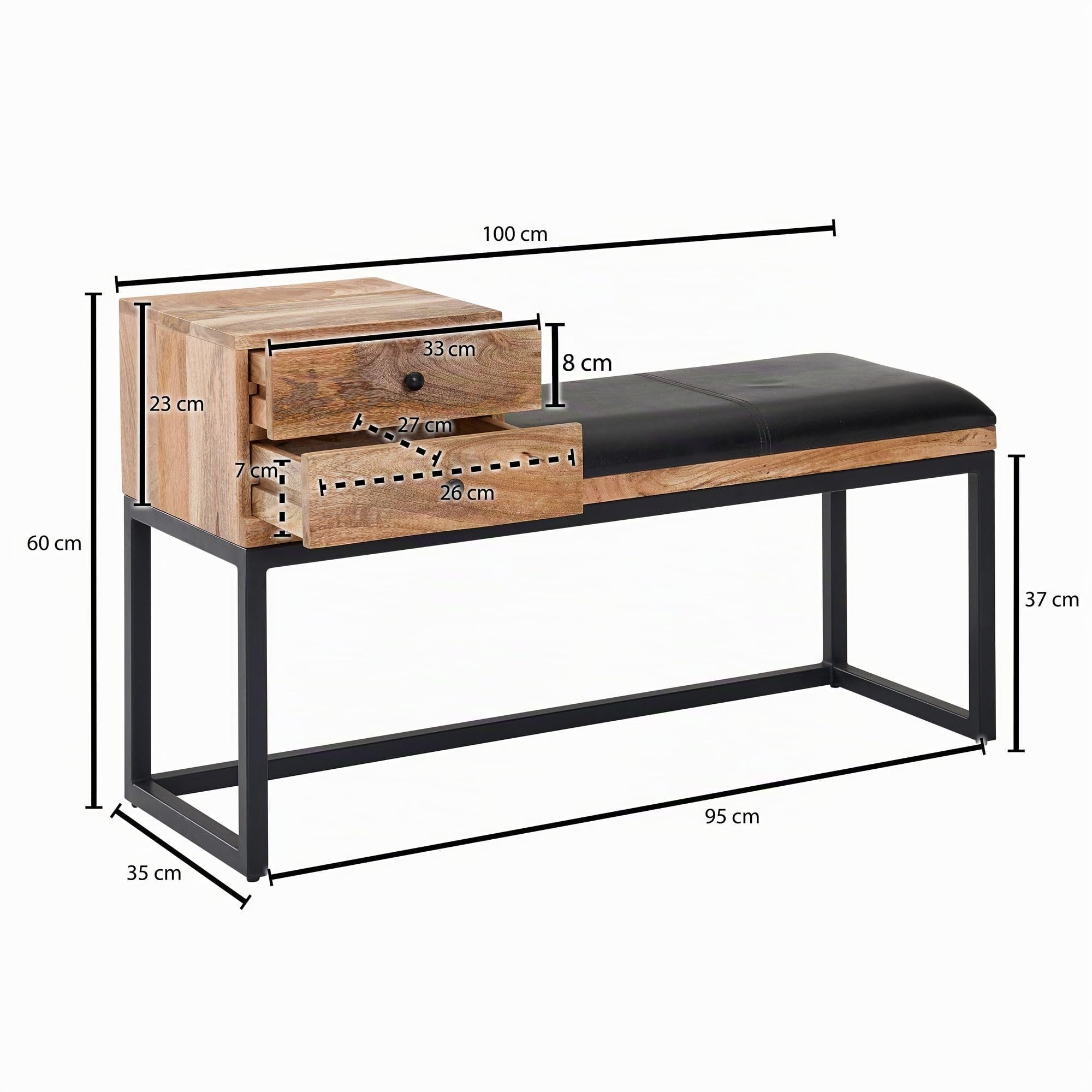 FineBuy Banc 100x35x60 cm Bois Massif Cuir Véritable Noir, Tiroir