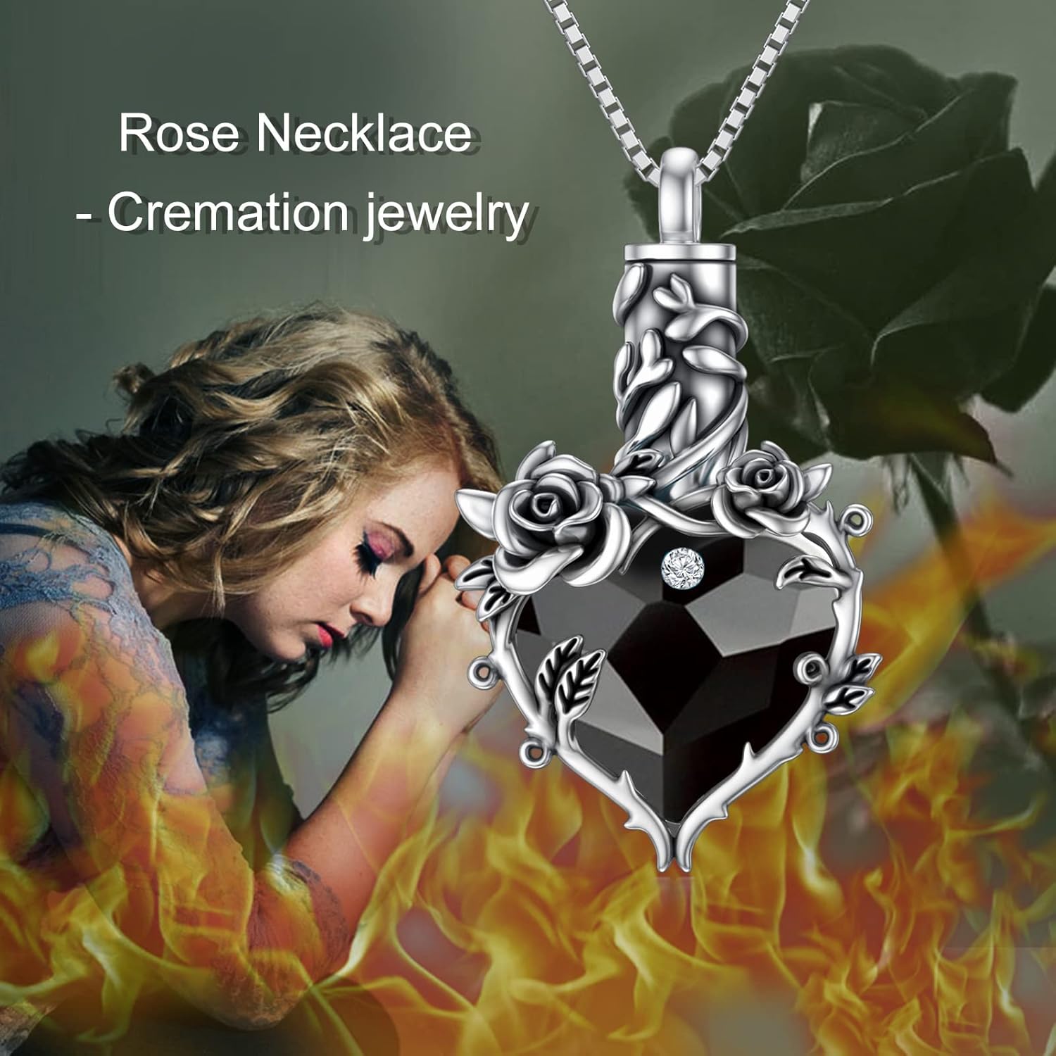 TOUPOP Rose Cremation Necklace Jewelry Urn Necklace for Ashes with Heart Crystal 925 Sterling Silver Cremation Necklace for Ashes Memorial Gift for Women Girls Keepsake