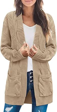 MEROKEETY Women's Long Sleeve Cable Knit Cardigan Sweaters Open Front Fall Outwear Coat
