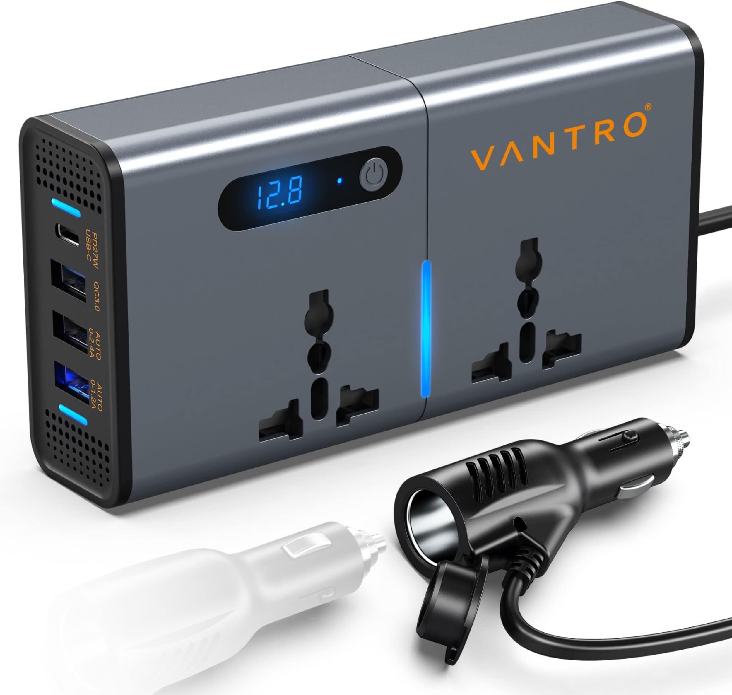 Vantro 200W Car Power Inverter/Laptop Charger with 3 USB (6.2A Max) & 1 C Type(1 * 27WPD) Smart USB Ports, 2 AC Universal Outlets and 12V DC to 220V AC with QC3.0 Model P2
