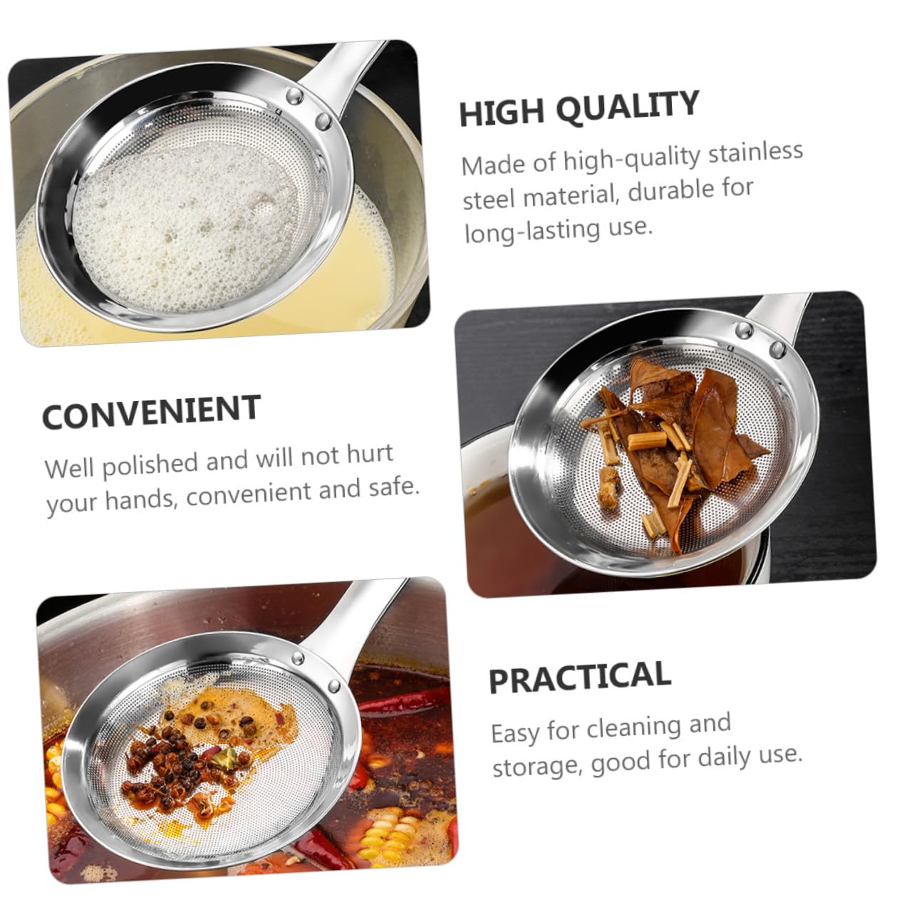 Hohopeti 3 Piezas Colador de Malla de Acero Inoxidable de Grande Mediano Pequeño para Colar Aceite y Jugos Utensilio de Cocina Resistente al Calor con Mango Ergonómico para Colgar