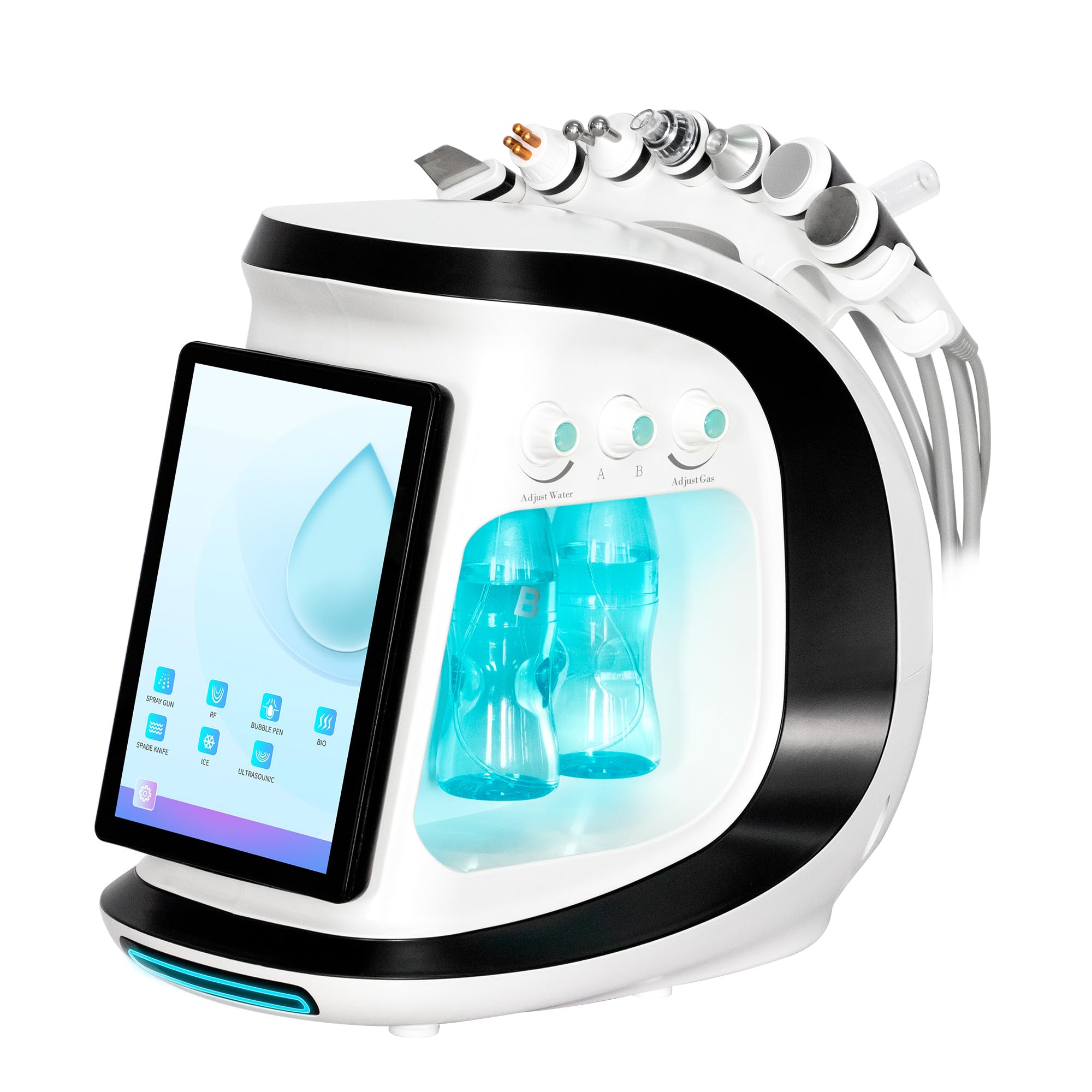 Hydrodermabrasion Gesichtspflegegerät 7 in 1, 10,1 Zoll Touchscreen, 14 Sprachen, RF, Bio RF, Ultraschall, Kältehammer, Spatel und Sauerstoffspray