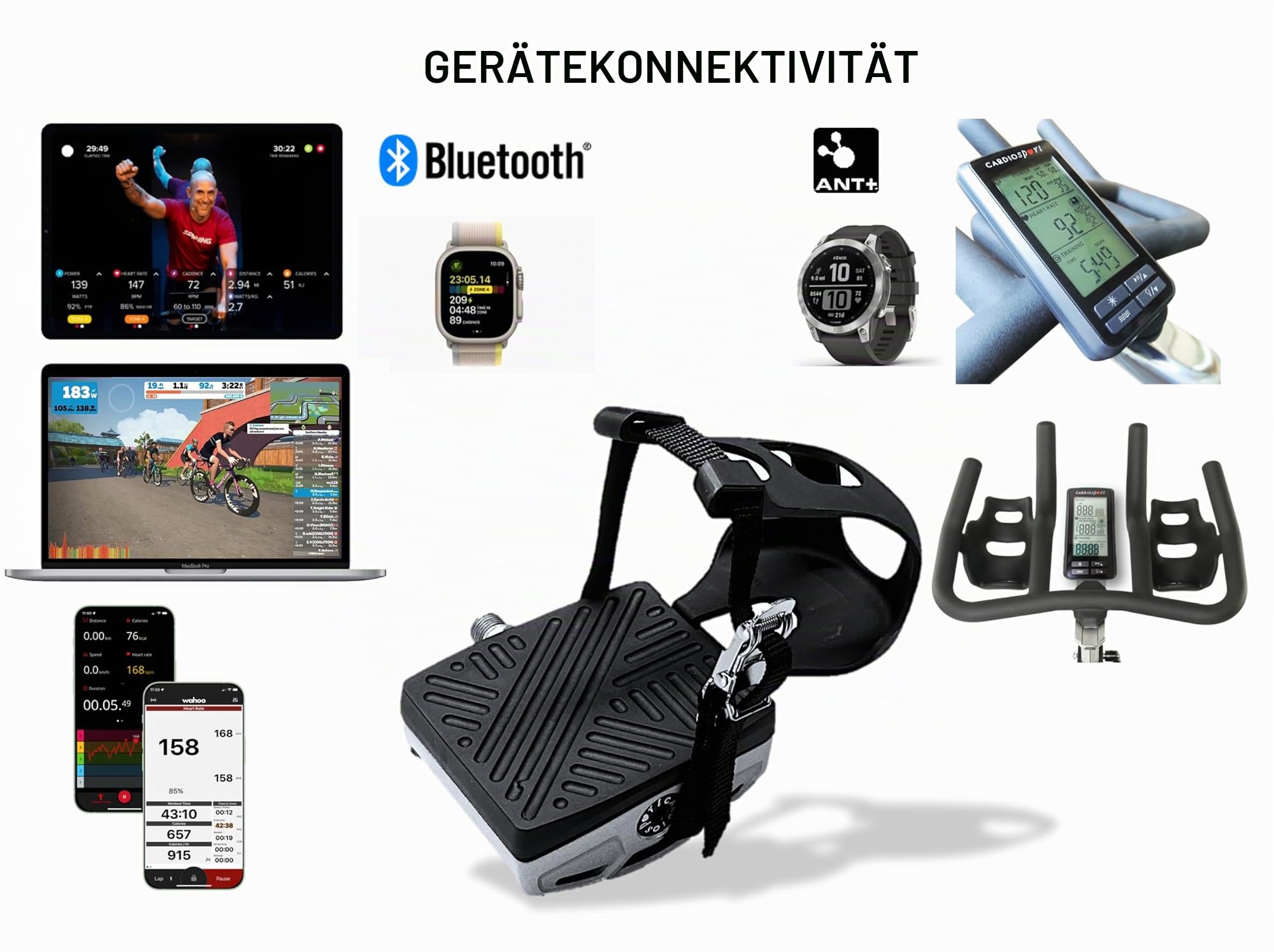 CARDIOSPORT Power Pedal Power Meter für Heimtrainer, Bluetooth ANT+ Kompatibel mit: Zwift, Rouvy, Spinning Connect, Garmin, Apple Watch