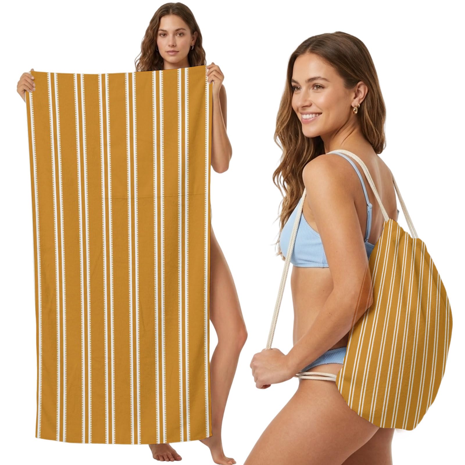 Beach Towel Bag 2 in 1 Orange Vertical Striped Bath Pool Towels Backpack Pinstripes Lines Absorbent Beach Towel Soft Quick Dry Lightweight Packable Towels Drawstring Bag for Travel Camping Sports Yoga