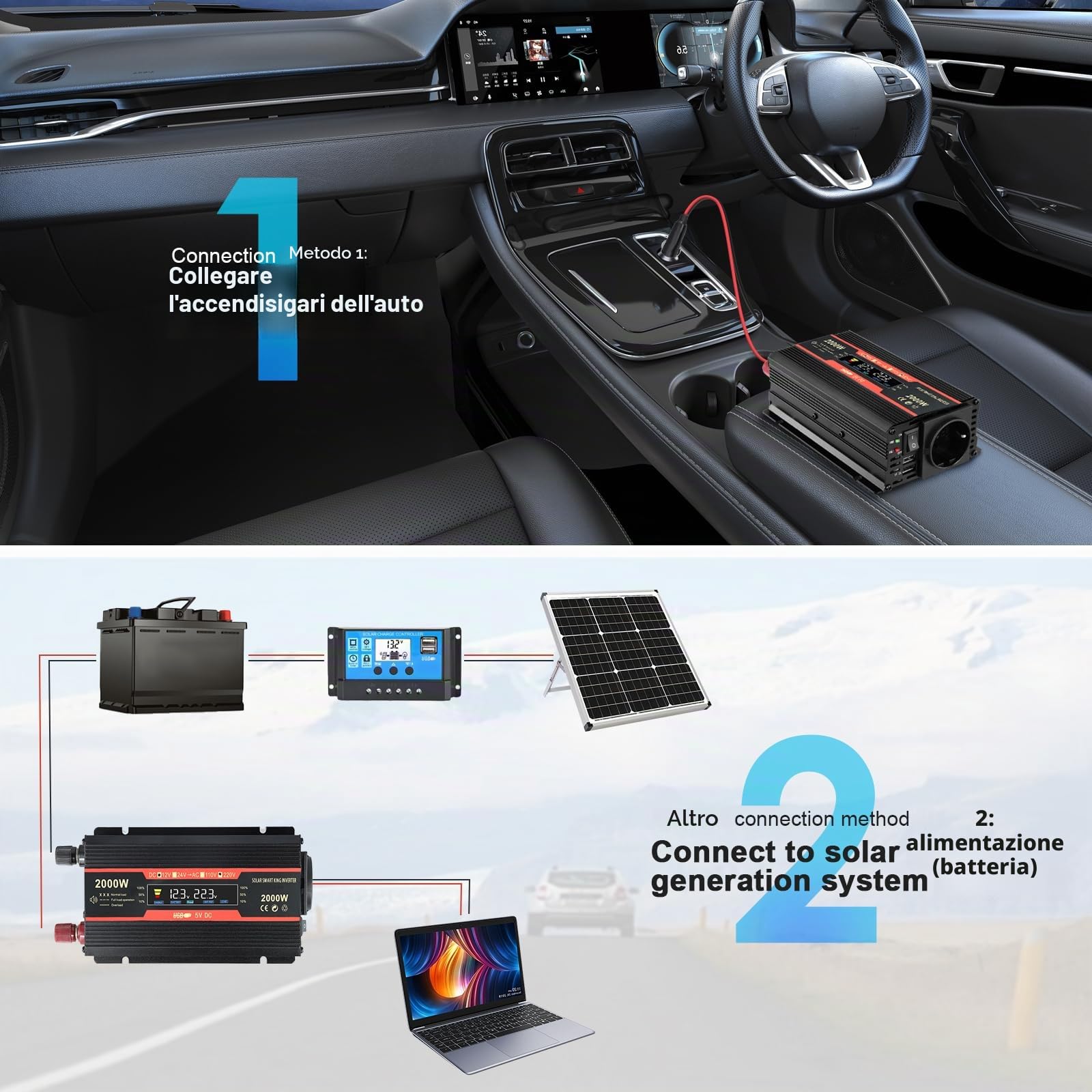 Premio Convertitore di Tensione 2000W 12V 220V Inverter per Auto con Allume Cigare 2 Porte USB