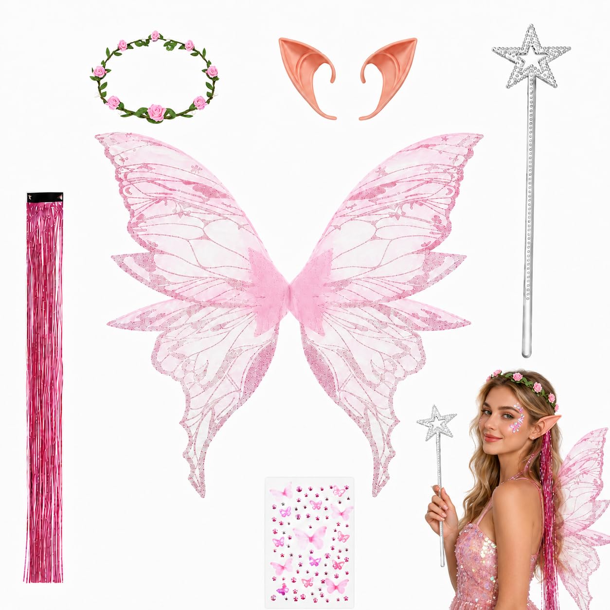 6 pcs Adult Fairy Wings Set with Wand and Elf Ears Pink