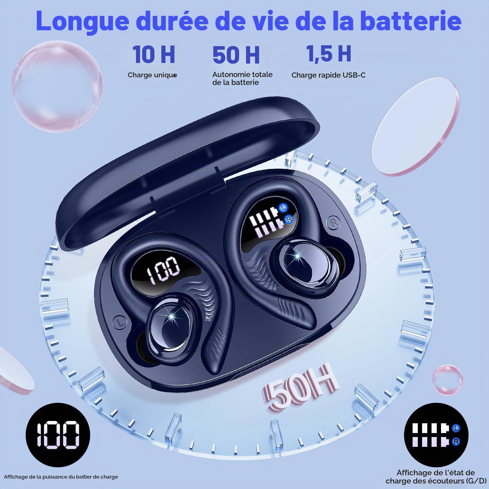 Ecouteurs Bluetooth sans Fil Sport, Écouteur Bluetooth 5.4 avec 6D HiFi Stéréo, 4 ENC Mic, 60+Hrs Ecouteurs sans Fil, IP7 Étanche Oreillette Bluetooth, USB-C/Écran LED Casque, pour iOS Android, Bleu