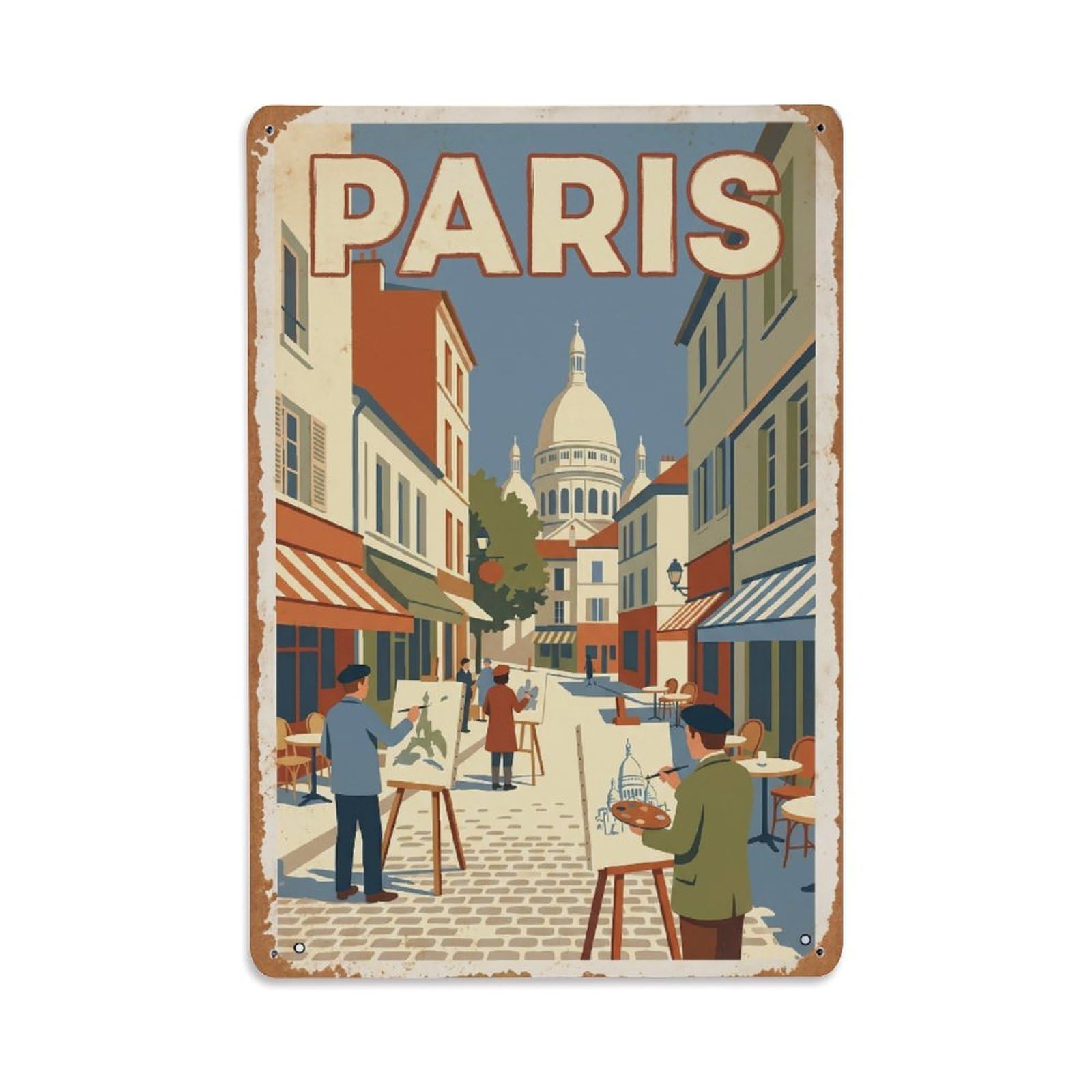 Vintage Travel Paris Montmartre Artists Quarter Rusted France Metal Tin Sign Plaque Wall Decor for Cafe, Club Bar, Office, Home Garden Metal Poster 8x12Inch