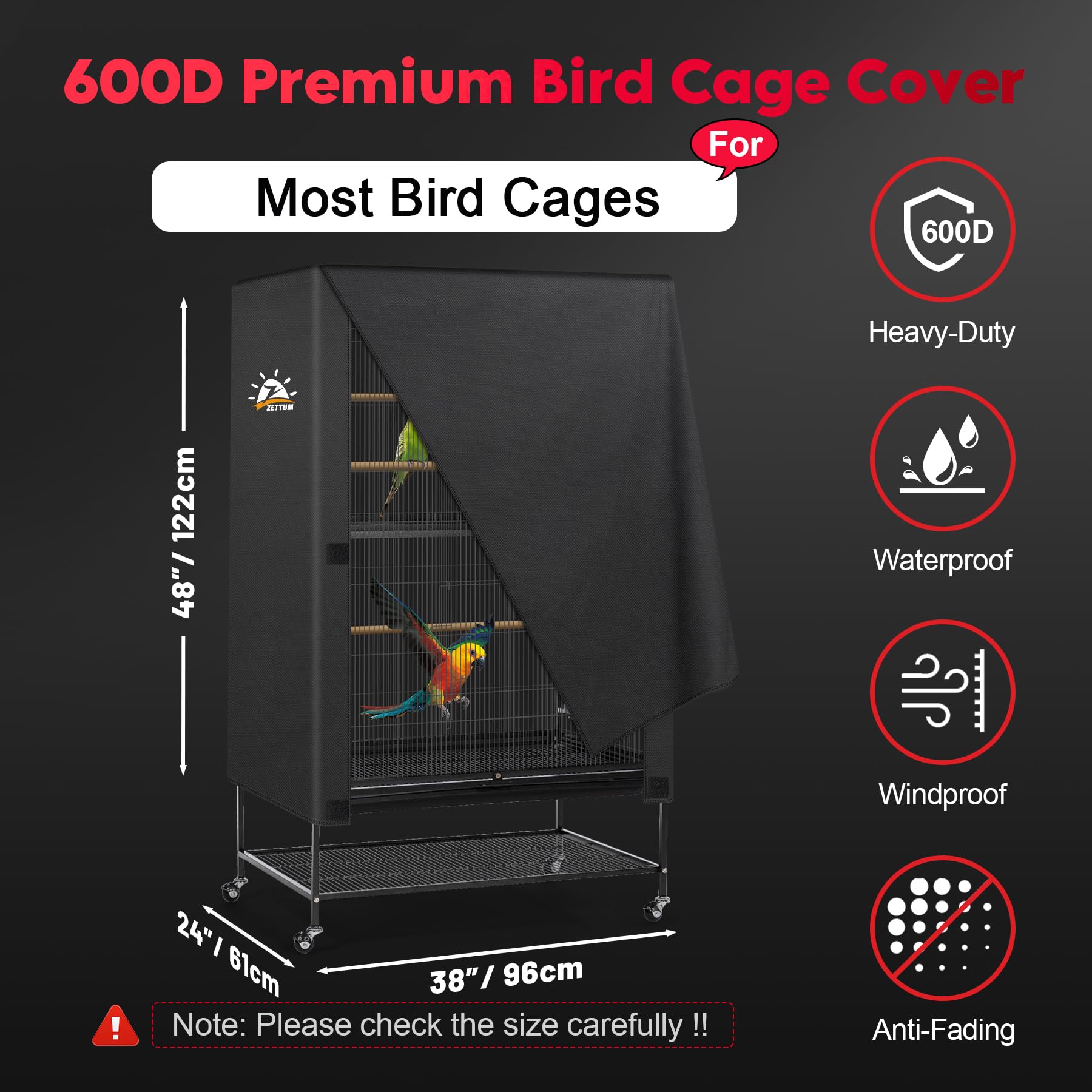Zettum Cage 38 Inch Extra Large 600D PU Birdcage Cover - Image 3
