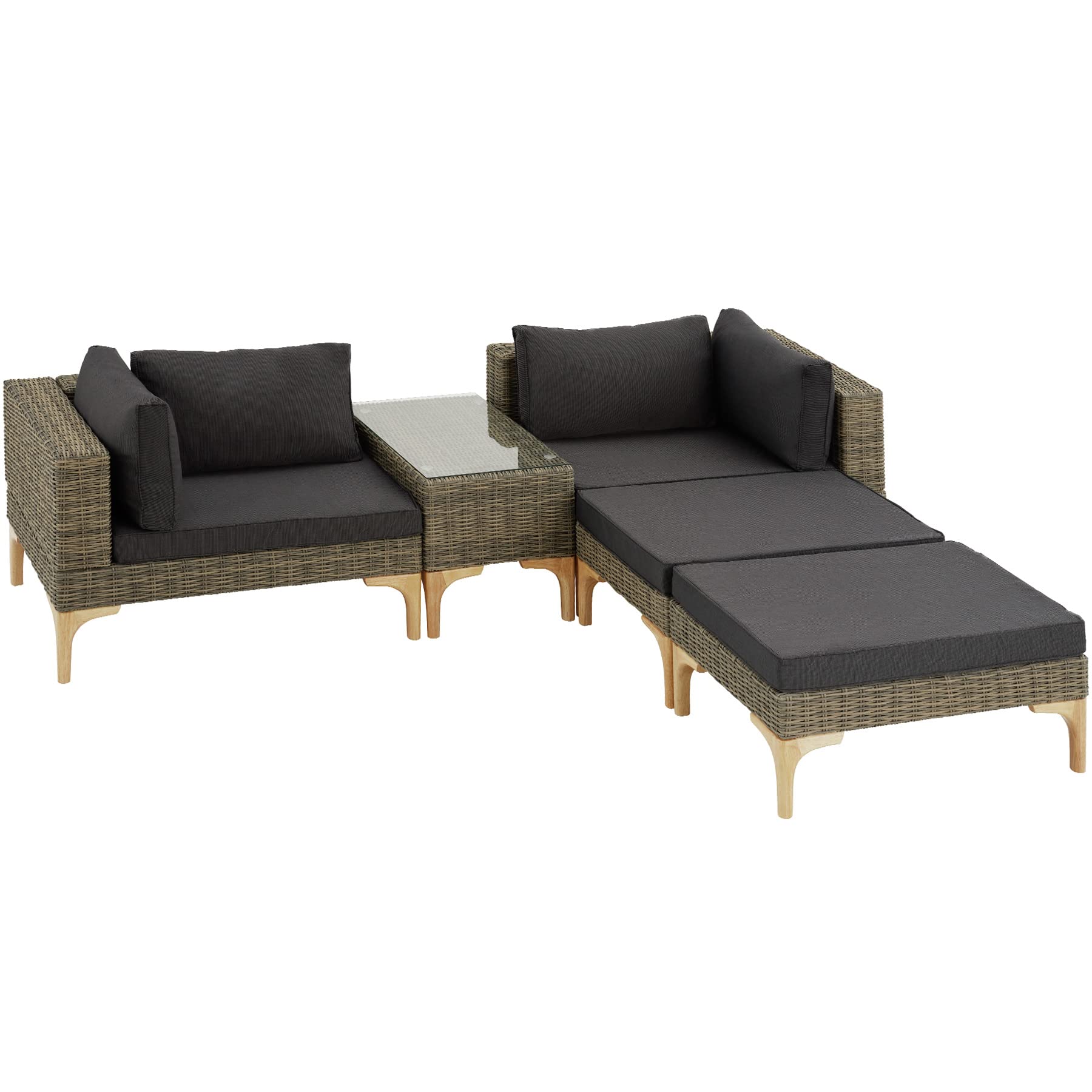 TecTake® Conjunto Jardín en Ratán y Aluminio con Cojines, Conjunto Terraza Resistente a la Intemperie, Muebles Jardín Exterior 2 Sillones, 2 Taburetes, 1 Mesa con Cristal, Fundas Extraíbles - Natural