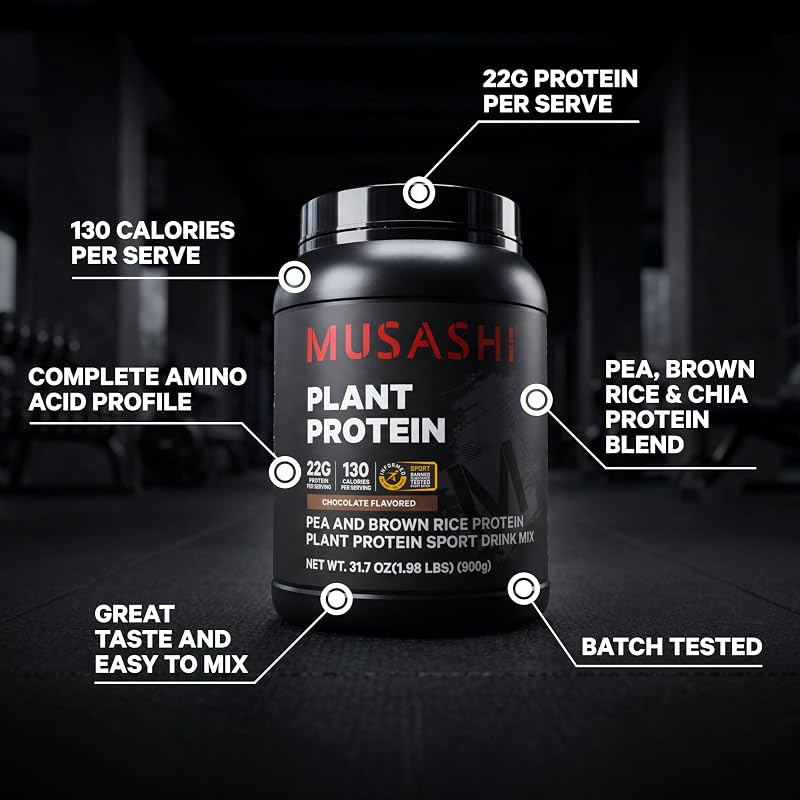 Musashi Plant Protein Powder, Chocolate, 900g (1.98 lb), Pea, Brown Rice and Chia Protein Blend with BCAAs & L-Glutamine, 23g Protein, 130 Calories per Serving image 4