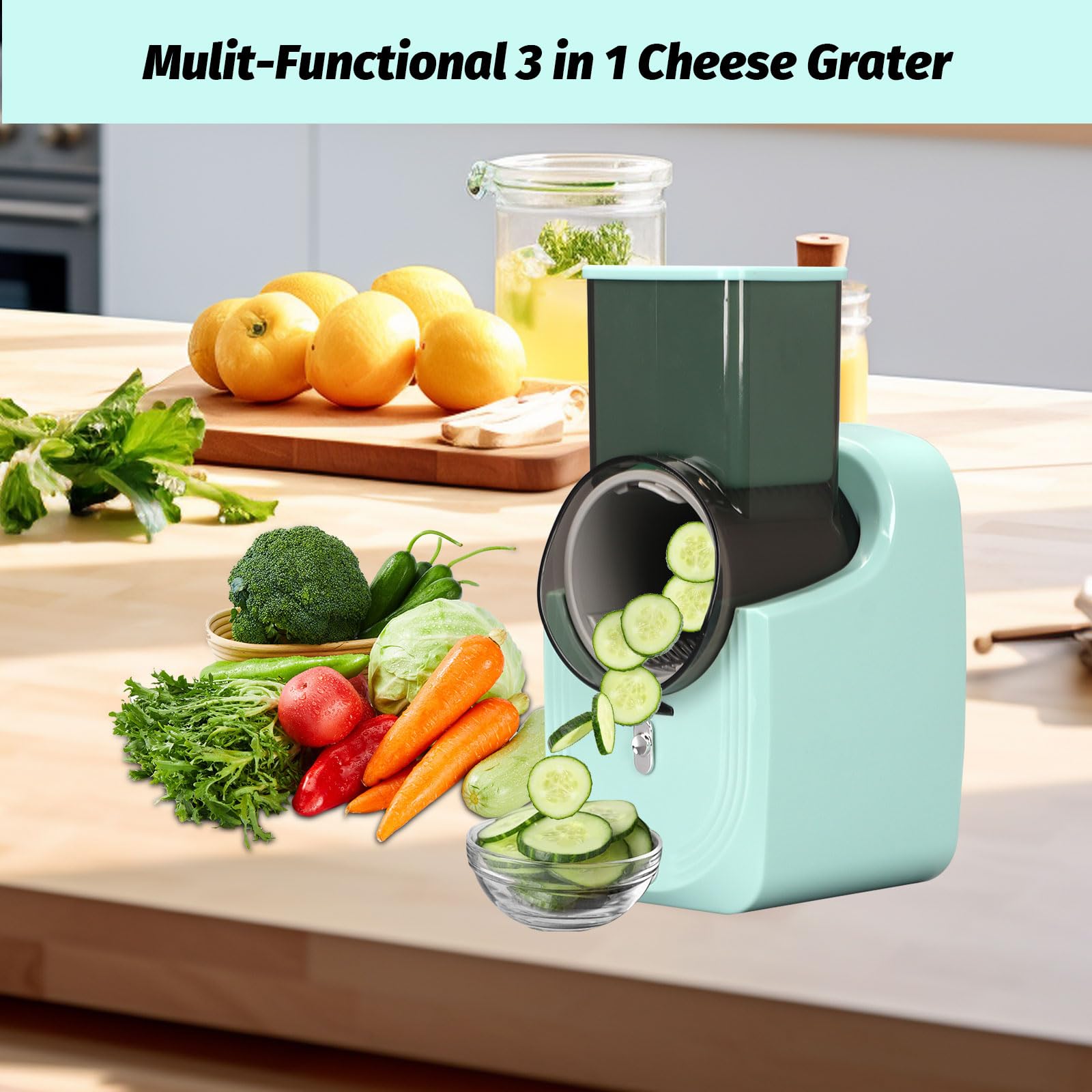 Cortadora de Verduras Eléctrica 3 en 1 de 50W, Mandolina de Cocina en Espiral con 3 Cuchillas Intercambiables, para Cortar, Rallar, Hacer Puré, Espiralizador de Verduras Fácil de Limpiar