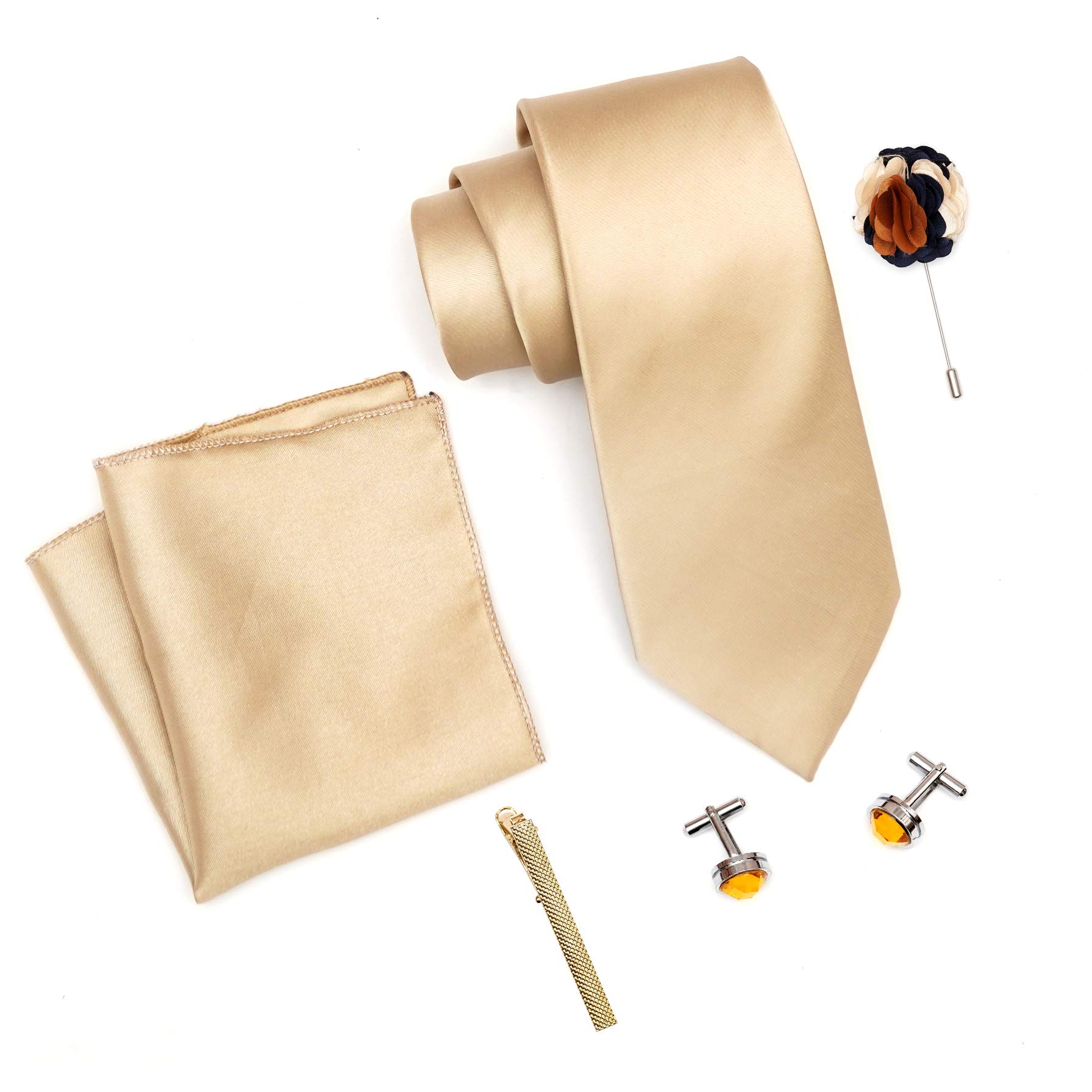Tie for Men – Solid Silk Neck Ties Set with Cufflinks Flower Pin, Pocket Square & Black Gift Box, Combo Necktie Sets for Office Wear, Formal Suits & Weddings (Beige, RW_43)-image-43