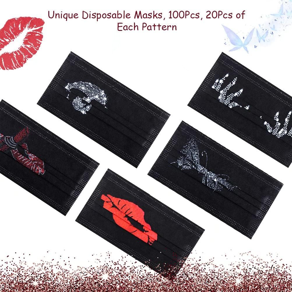 Disposable Face Masks - 100Pcs, Black Masks with Designs, Skull and Bones Prints Women Face Masks, Red Lips Disposable Masks for Women