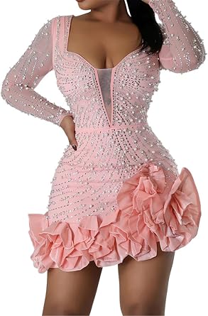 المرأة مثير طويل الأكمام مربع الرقبة لآلئ أحجار الراين Ruched Ruffles Hem Bodycon Party Clubwear Dress