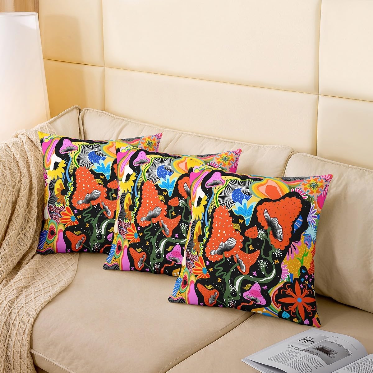 Feelyou Eye Mushroom Decorative Throw Pillowcases Mushrooms Print Throw Pillow Covers 22"x22" Set of 2 for Kawaii Fungus Wild Mushroom Stuff Colorful Pillow Cases Cushion Covers Cushion Cases