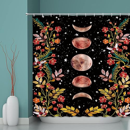 Miniatura 2 de Cortina de ducha con fase lunar, flores de acuarela, mariposa, luz de luna, jardín, estilo bohemio, natural, moderno, de poliéster, adecuado para