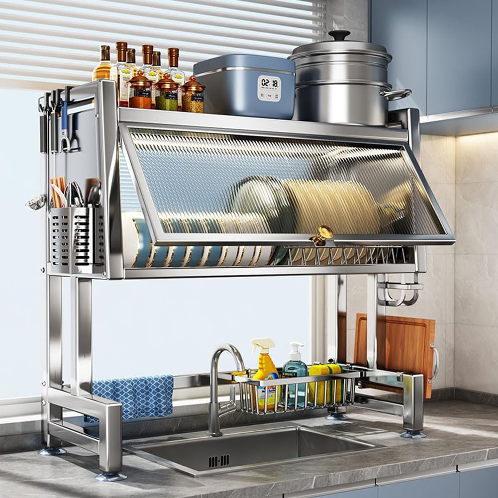OGMOYT Large Capacity Stainless Steel Dish Rack Over Sink Automatic Drain Kitchen Countertop Dish Drying Rack Ideal for Sponges and Utensils Storage