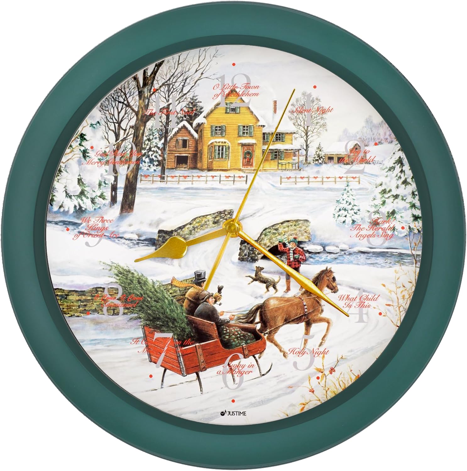 JUSTIME 14-inch Christmas Song of Carols Wall Clock, Green