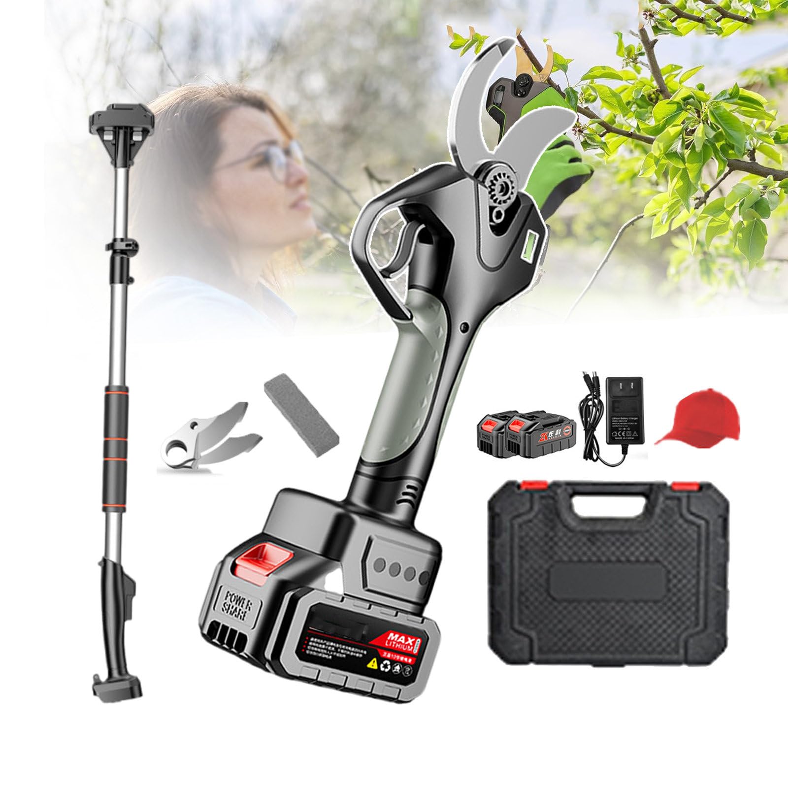 Forbici da Potatura Elettriche + Asta Telescopica, Forbici da Potatura da Giardinaggio con 2 Batterie E Cassetta degli Attrezzi, Tagliasiepi Elettrico Professionale per Fattorie