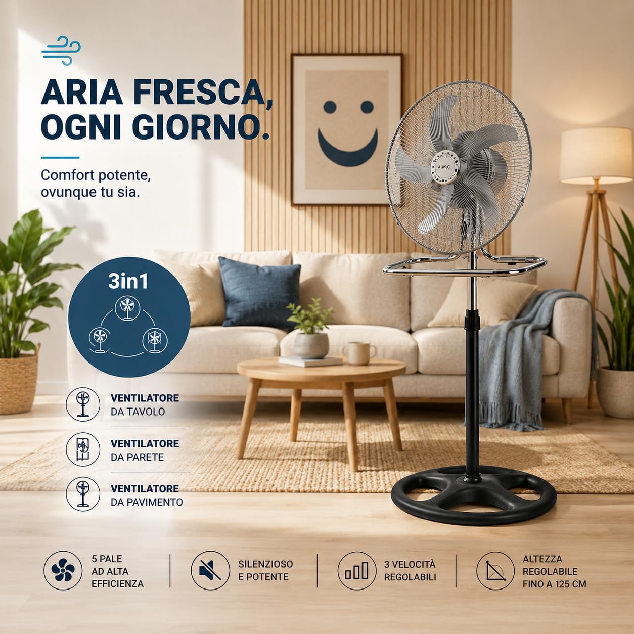 A.M.C. Ventilatore Manila 3 in 1 con Pale in Acciaio, Utilizzabile a Piantana Indipendente, Muro e Parete, Tavolo da Appoggio, Flusso d'Aria Potente, 3 Velocità Selezionabili, Silenzioso