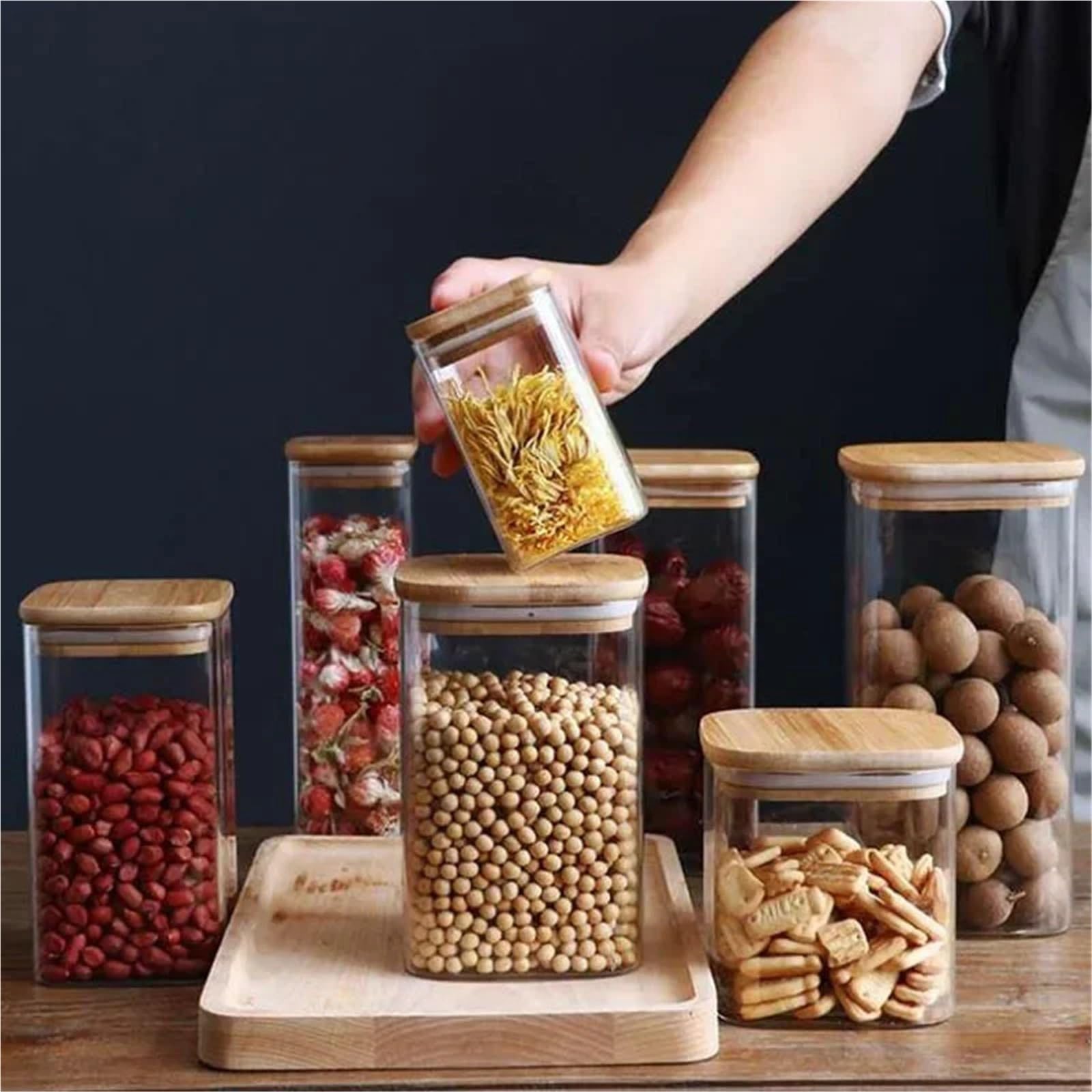 Barattolo for alimenti in vetro trasparente quadrato da 4 pezzi con coperchio, contenitore for tè e caffè, for snack, noci, scatola sigillata, organizzatore cucina Per Biscotti(10x10cm)
