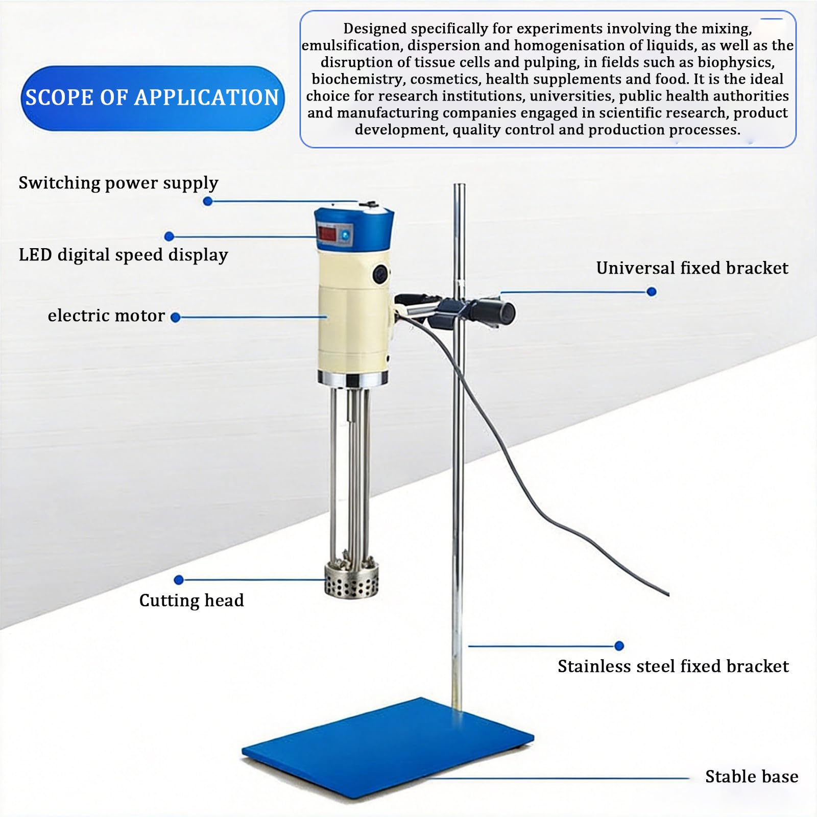 Tisch-Hochscher-Laborhomogenisator/Digitale LCD-Drehzahlregelung 2000–11000 U/min / 300-W-Gerät mit austauschbaren Arbeitsköpfen aus Edelstahl 304