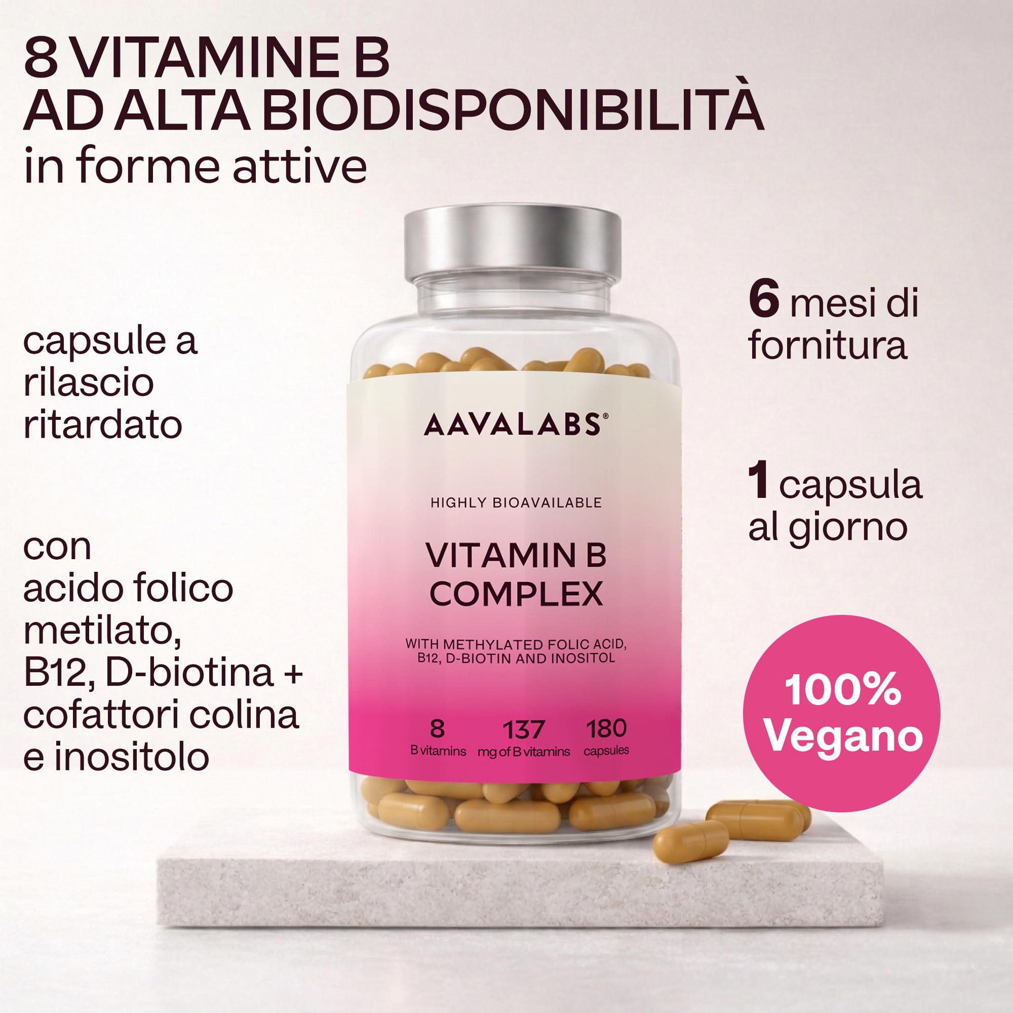 Vitamina B Complex Alto Dosaggio Vegan | 180 Capsule [6 Mesi] Vitamine B: Vitamina B1, B2, B3 (Niacina), B5, B6, B8 (Biotina), Vitamina B12 e Acido Folico Attivo (B9 Metilfolato), Inositolo e Colina