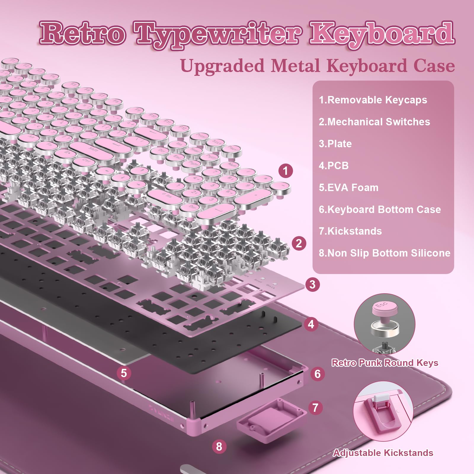 YUNZII QL108 Teclado Mecánico Retro con Cable para Gamer (Rosa, Onyx Gray) | 100 % Hot-Swap, Retroiluminación RGB, Panel Metálico de Estilo, US ANSI, Teclas Redondas para Windows/Mac