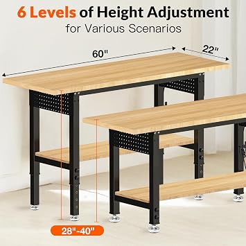 60 Adjustable Height Workbench Work Bench for Garage Work Table with Under Table Shelf Heavy Duty Rubber Wood Top for Shop Woodworking, Office, Home, Commercial