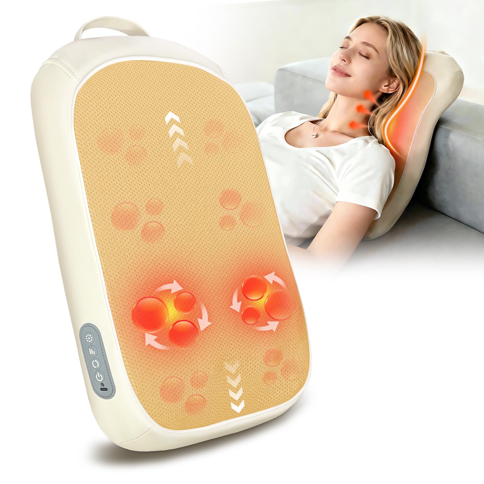 Shiatsu Nackenmassagegerät Rücken Massagekissen, Kabellos Knetmassagegerät mit 3 Intensitäten, Wärme & Rollfunktion, zur Schmerzlinderung, für Zuhause Büro Auto