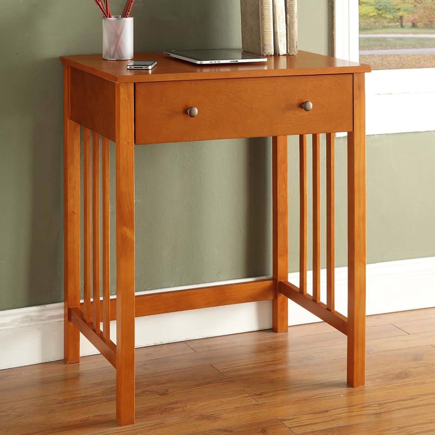 Pemberly Row Birch Wood Home Office Desk, Oak Brown Finish, 30" H x 26" W x 18" D, Mission Style with Sliding Keyboard Tray, Compact Computer Desk for Bedroom or Workspace Use