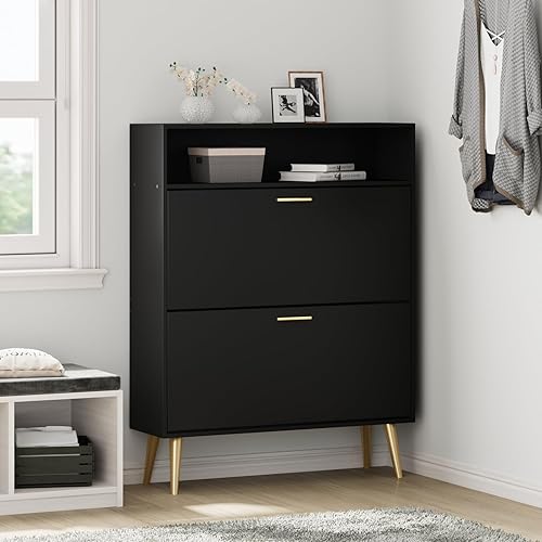 Miniatura 7 de JOZZBY Armario de zapatos para entrada, organizador de zapatos delgado negro independiente con 2 cajones abatibles, zapatero estrecho con estantes