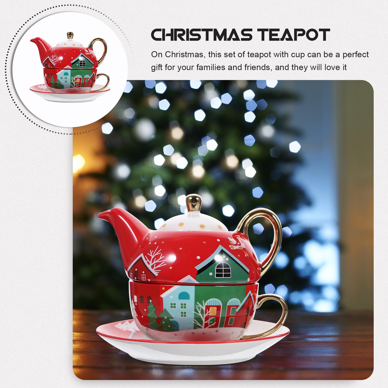 Hemobllo Juego de Té Navideño de Cerámica Tetera, Taza y Plato