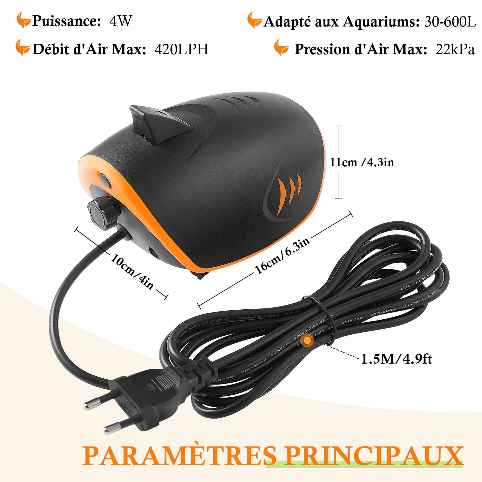 Pompe à Air Puissante pour Aquarium 420L/H, 4W Pompe à Oxygène Silencieux à 2 Sorties Métalliques avec Lumière LED, Pompe à Air Réglable pour Aquarium,pour Réservoir 30-600L