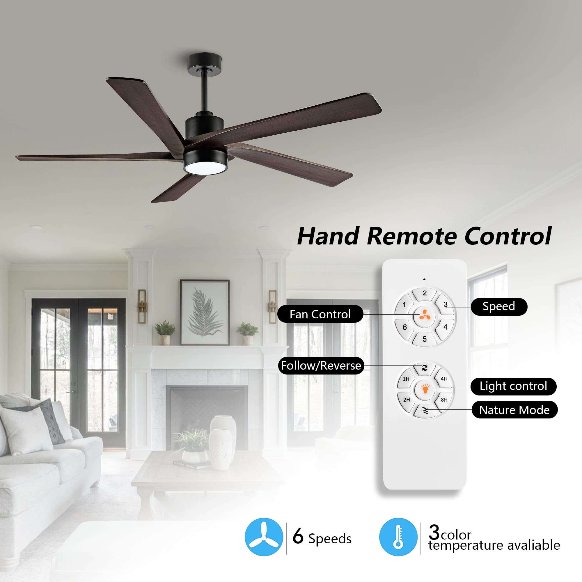 WINGBO 64 Inch DC Ceiling Fan with Lights and Remote Control, 5 Reversible Carved Wood Blades, 6-Speed Noiseless DC Motor, Modern Ceiling Fan in Matte Black Finish with Walnut Blades, ETL Listed