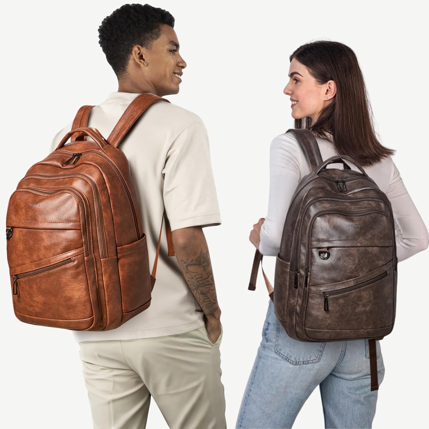 LATMAP 43L Backpack for Women Men - Vegan Leather Backpack Purse Travel Carry-on Bag College Bookbag Work fits 17" Laptop, Coffee